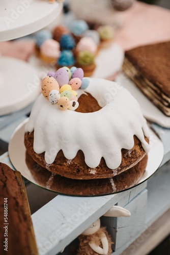 Vertical closeup of a beautifully decorated Easter cake on a table