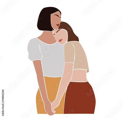 Lesbian love couple. Homosexual girl kissing, hugging happy woman partner. LGBT female partners of different race in romantic relationship. Flat vector illustration isolated on white background