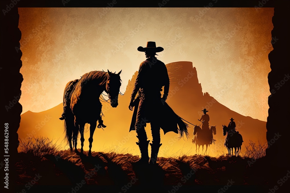 Cowboy With Horses Silhouette Scene