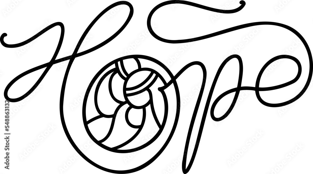 Hope monoline calligraphy text and Christmas Vector religious Scene Nativity of baby Jesus with Joseph and Mary. Minimalist art line drawing, print for clothes and logo design Hope monoline calligraphy text and Christmas Vector religious Scene Nativity of baby Jesus with Joseph and Mary. Minimalist art line drawing, print for clothes and logo design