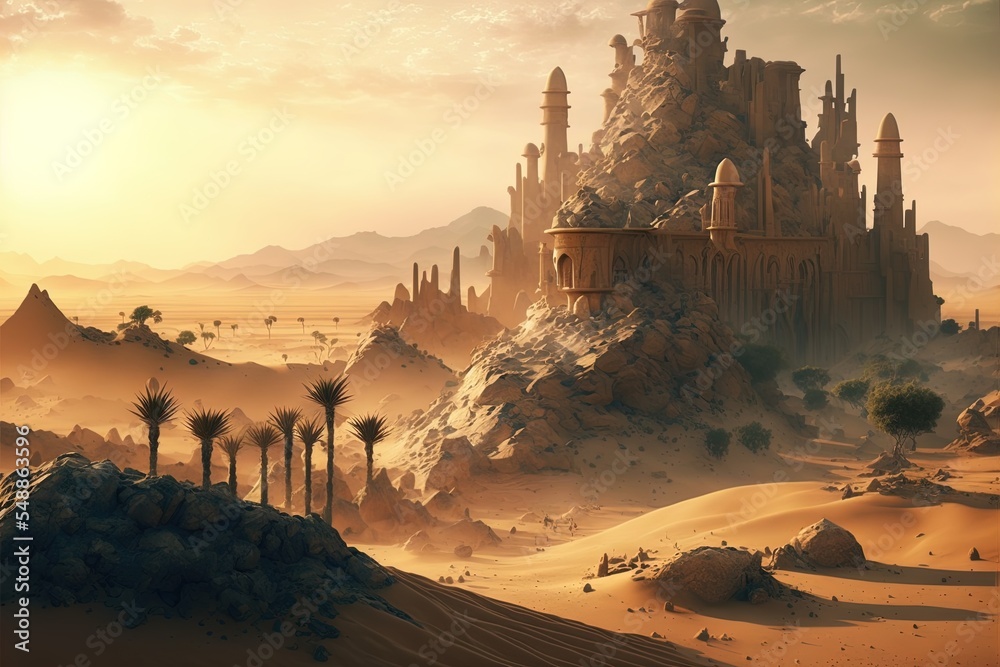 Ancient City Fortress In Desert Landscape