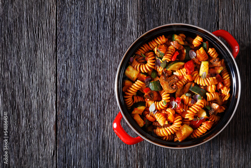Vegetable with Pasta  in red pot, top view