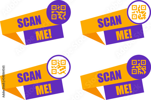 Qr code scan icon set. Qr code origami stiker illustration symbol. Sign scaner code vector flat.