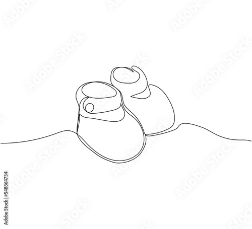 Children s slippers, shoes, booties one line art. Continuous line drawing of clothes, dress, children s, wardrobe, dress up, neat, comfortable, home, baby, knitting shoes.