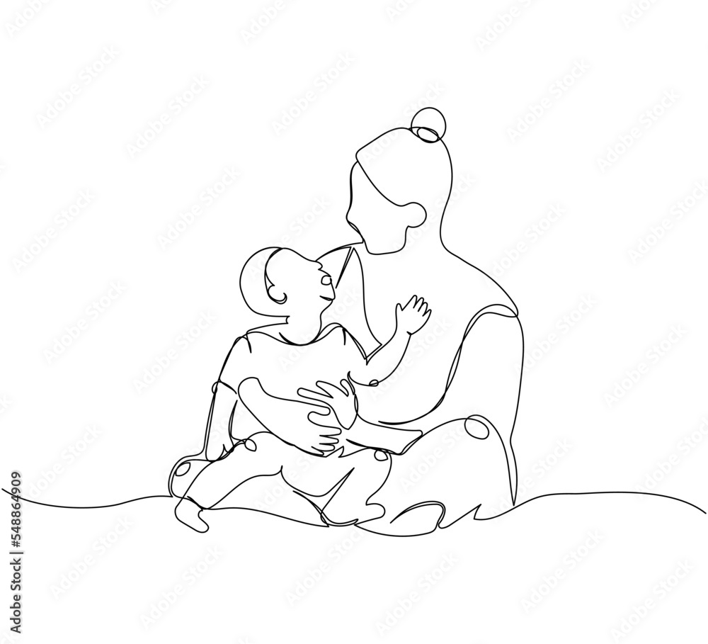 Mom holds a child in her arms, plays with him one line art. Continuous line drawing of motherhood, family, love, child, care, childhood, pleasant worries, games with children.