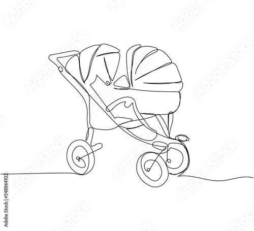 Modern baby stroller for twins one line art. Continuous line drawing of childhood, safety, protection, transportation, personal, classic style, for winter.
