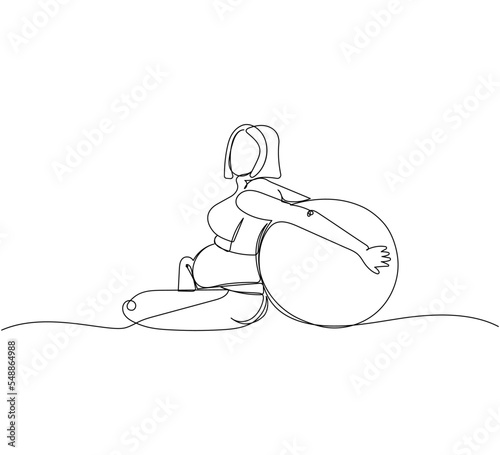 Pregnant woman doing exercises with a fitness ball one line art. Continuous line drawing of pregnancy, sports, motherhood, fitness, preparation for childbirth, sports before childbirth, relaxation.