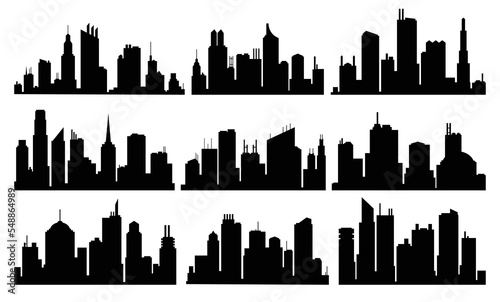 Vector city silhouette collection. Modern urban landscapes. High buildings with windows. Illustration on white background