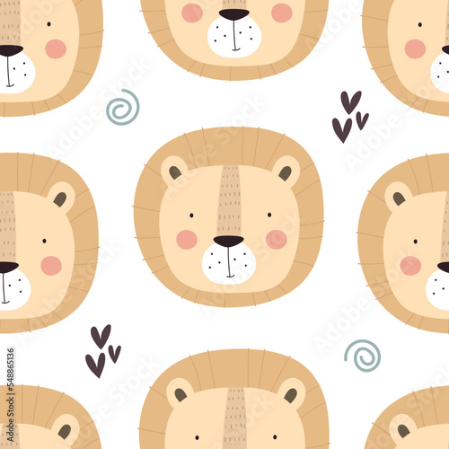 Seamless pattern with lions, decor elements. colorful vector for kids. hand drawing, flat style. baby design for fabric, print, textile, wrapper