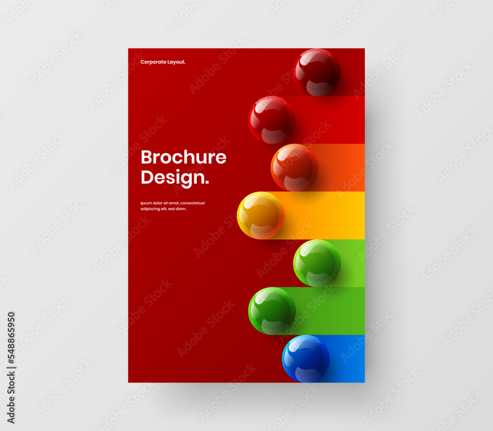 Vivid realistic spheres journal cover template. Clean front page vector design illustration.