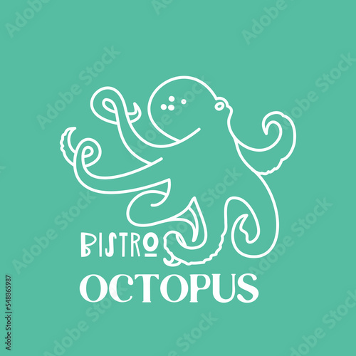 Logo template with octopus drawn by hand drawn lines. Emblem for the menu of fish restaurants  bistro  markets and shops. Vector illustration