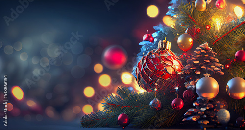 illustration of a decorated christmas tree against dark background with glitter, copy space