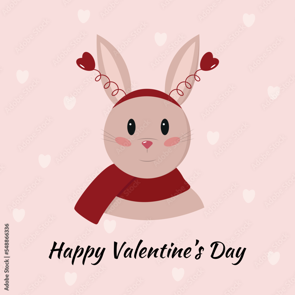 Valentine's Day card with cute rabbit in red scarf and headband with red hearts. Pink background with white hearts. Vector illustration. Valentine's Day card with cute rabbit in red scarf and headband with red hearts. Pink background with white hearts. Vector illustration.