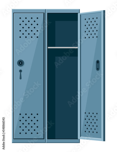 Metal cabinets locker or school changing room steel cupboard. Isolated grey storage boxe with open and closed doors, locks and shelve and vents
