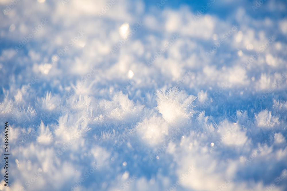 Large snow crystals on surface of snow on a cold winter morning in Finnish nature Large snow crystals on surface of snow on a cold winter morning in Finnish nature