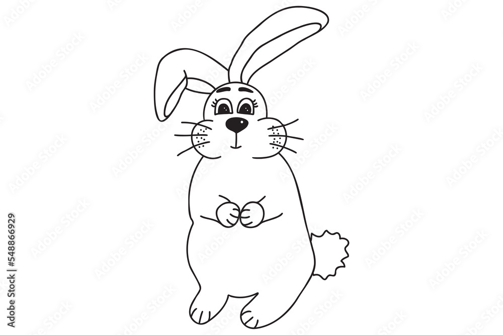 The picture shows a rabbit drawn with a black outline, it is intended for New Year's, Christmas holidays, cards, clothes and fabric printing, children's coloring and you can use it in various cases. The picture shows a rabbit drawn with a black outline, it is intended for New Year's, Christmas holidays, cards, clothes and fabric printing, children's coloring and you can use it in various cases.