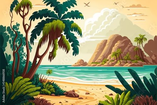 Beach Landscape Constructor. Sandy Beaches  Tropical Palms  Mountains And Hills. Ocean Horizon  Clouds And Green Trees Cartoon Illustration Cartoon Style.