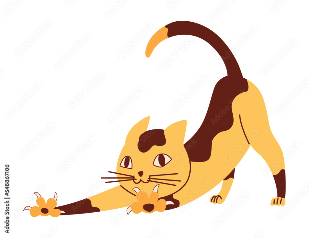 Naklejka premium Doodle cat. Cute and funny pet vector illustration. Cartoon kitten character design. Adorable animal stretching itself