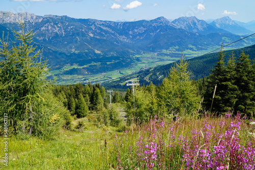 a hiking trail overlooking the picturesque alpine landscape by the foot of Dachstein mountain in the Austrian Alps of the Schladming-Dachstein region (Steiermark or Styria, Austria) © Julia