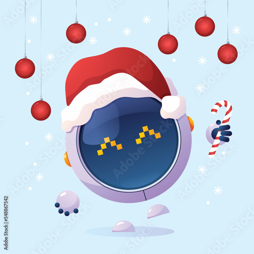 Funny round robot, cartoon mascot Christmas hat