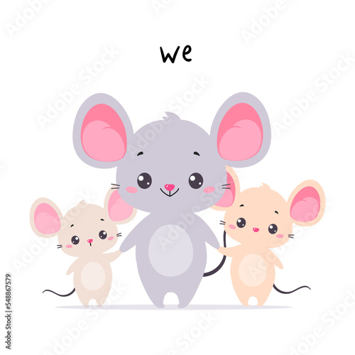 Little Mouse with Babies as We English Subject Pronoun for Educational Activity Vector Illustration