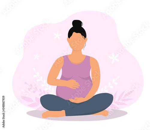 Pregnant woman, expectant mother is sitting in the lotus position with crossed legs and a big belly. Female is expecting a baby. Vector graphics.