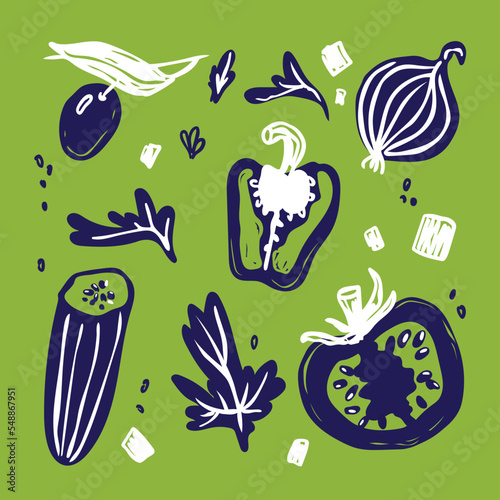 Vector set. Greek salad hand drawing vegetables. eps
