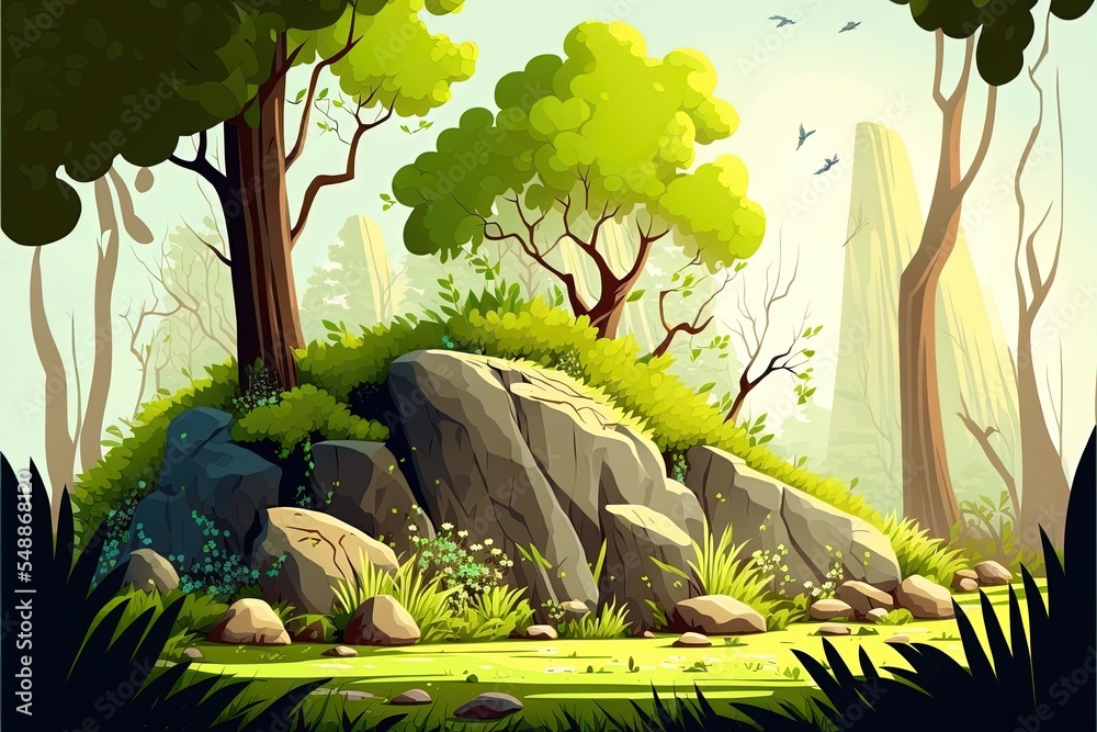 Cartoon Forest Background, Nature Landscape With Deciduous Trees, Moss On Rocks, Grass, Bushes And Sunlight Spots On Ground. Scenery Summer Or Spring Wood Parallax Natural Scene, 2D Illustrated