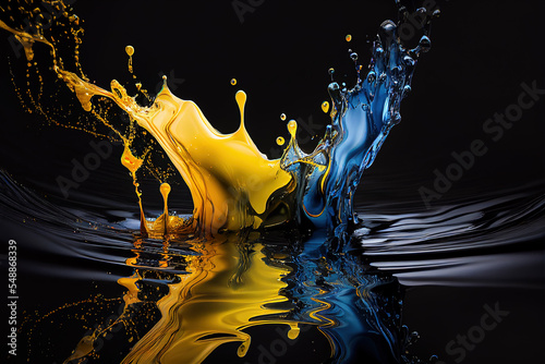 Blue and yellow varnish colors merging together over water on a dark background, abstract concept for a mobile phone or desktop wallpaper background. Digital 3D illustration.