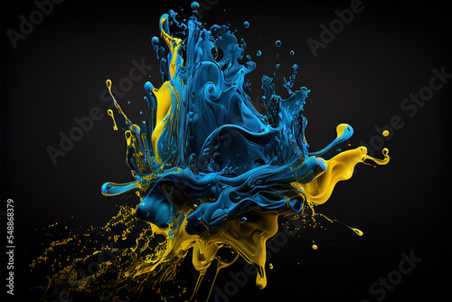 Blue and yellow varnish colors merging together on a dark background, abstract concept for a mobile phone or desktop wallpaper background. Digital 3D illustration.