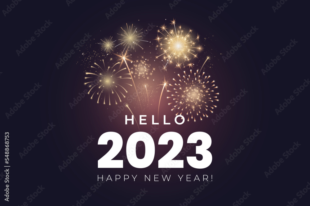Hello 2023 greeting card design. Happy New Year 2023 text with realistic festive fireworks explosions isolated on dark background. Congratulation banner. Vector illustration. - obrazy, fototapety, plakaty 