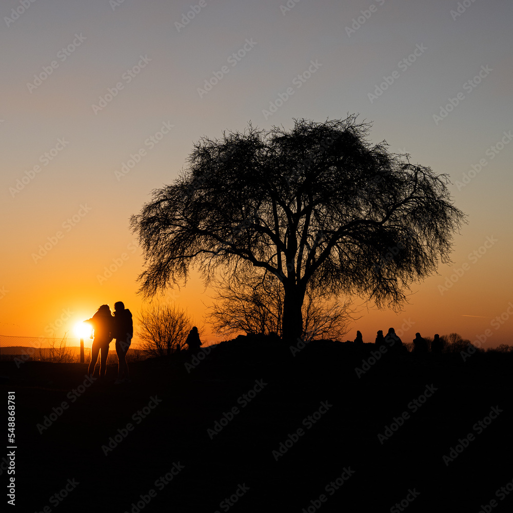 Couple silhouette in sunset time