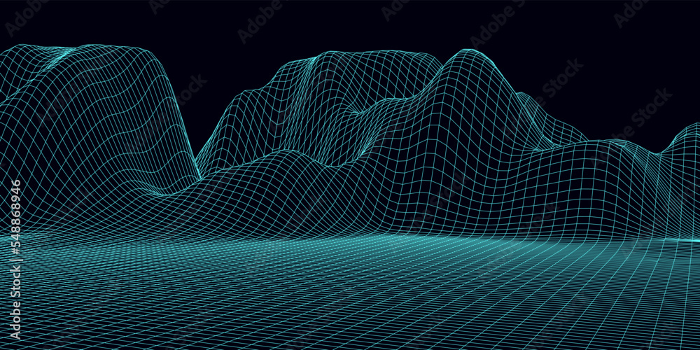 Abstract digital grid landscape background. Futuristic retro mountains backdrop. For website and banner design. Vector illustration.