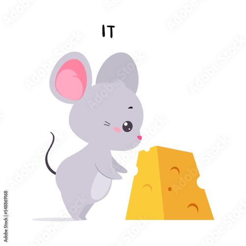 Little Mouse with Cheese Slab as It English Subject Pronoun for Educational Activity Vector Illustration