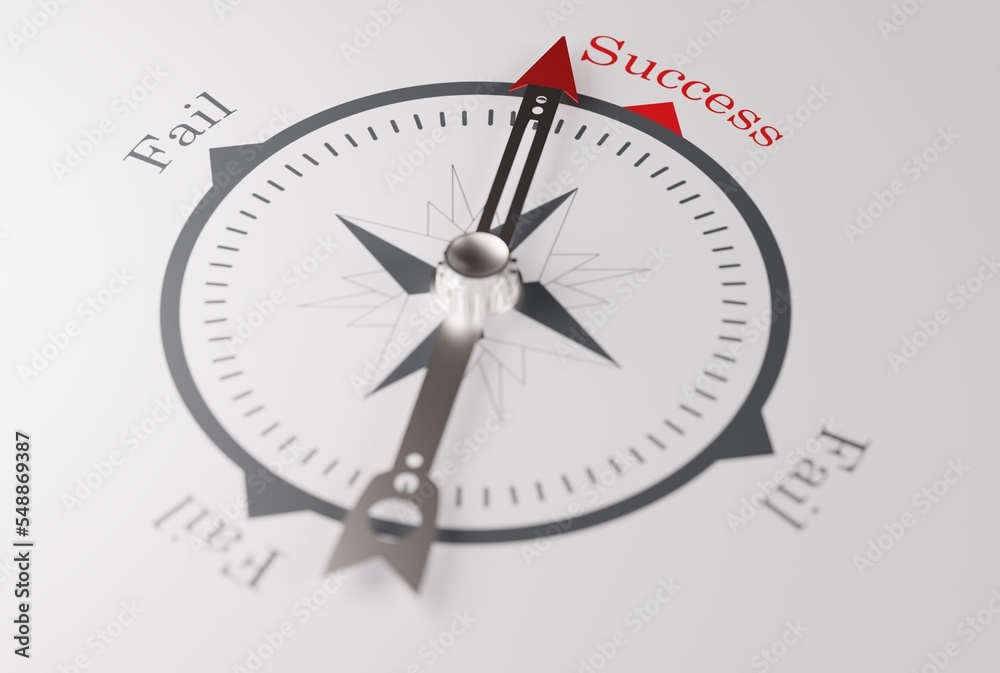 Compass pointing in the direction of success. The concept of winning, achieving success. A compass showing the direction of success instead of fail. 3D render; 3D illustration. Compass pointing in the direction of success. The concept of winning, achieving success. A compass showing the direction of success instead of fail. 3D render; 3D illustration.