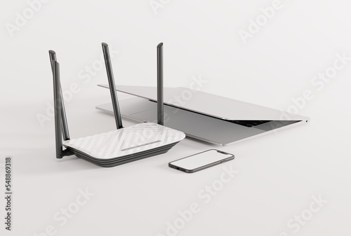 Internet router, laptop and phone on a light background. The concept of using the internet, data transfer. Internet speedup, internet provider. 3D render, 3D illustration.