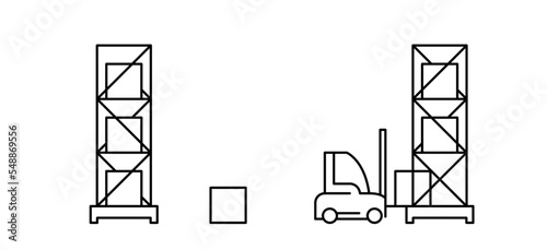 forklift lifts a load on the shelf in the warehouse, modern line icon vector illustration