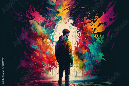Man Standing In Abstract Colorful Place,Illustration Painting