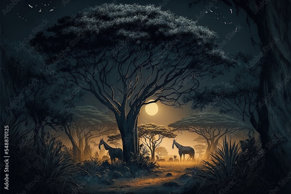 African Savanna Forest Landscape Scene At Night