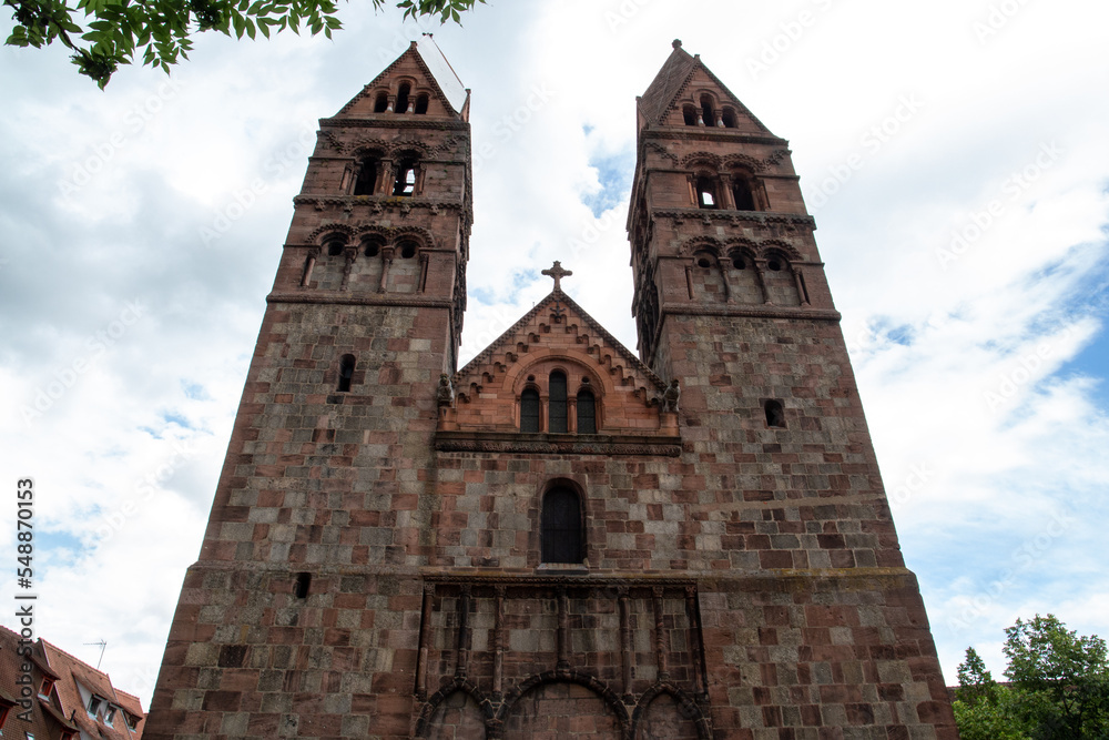 Church with two towers in a French village in the Alsace area
