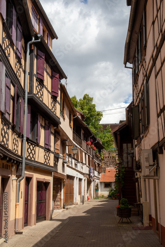houses of a village in Alsace with a castle in the background and some green mountains. © Rafael Prendes