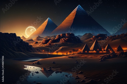 Fotografia Egyptian Desert With River And Pyramids At Night.