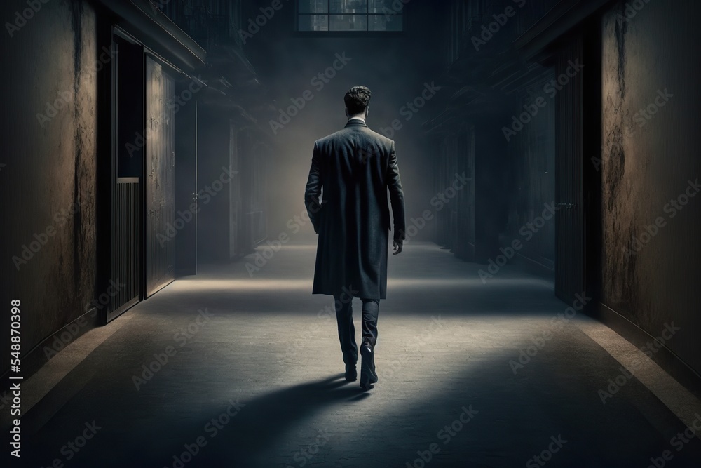Fototapeta premium Businessman CEO manager walking. Back view of man in suit.