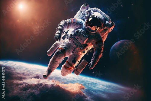 Astronaut lost in space. Floating around in the universe above earth. 