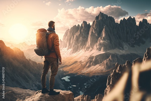 Hiker in the mountains illustration. Amazing view for backpacking.