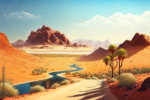 Desert Oasis With Long Road Landscape Scene