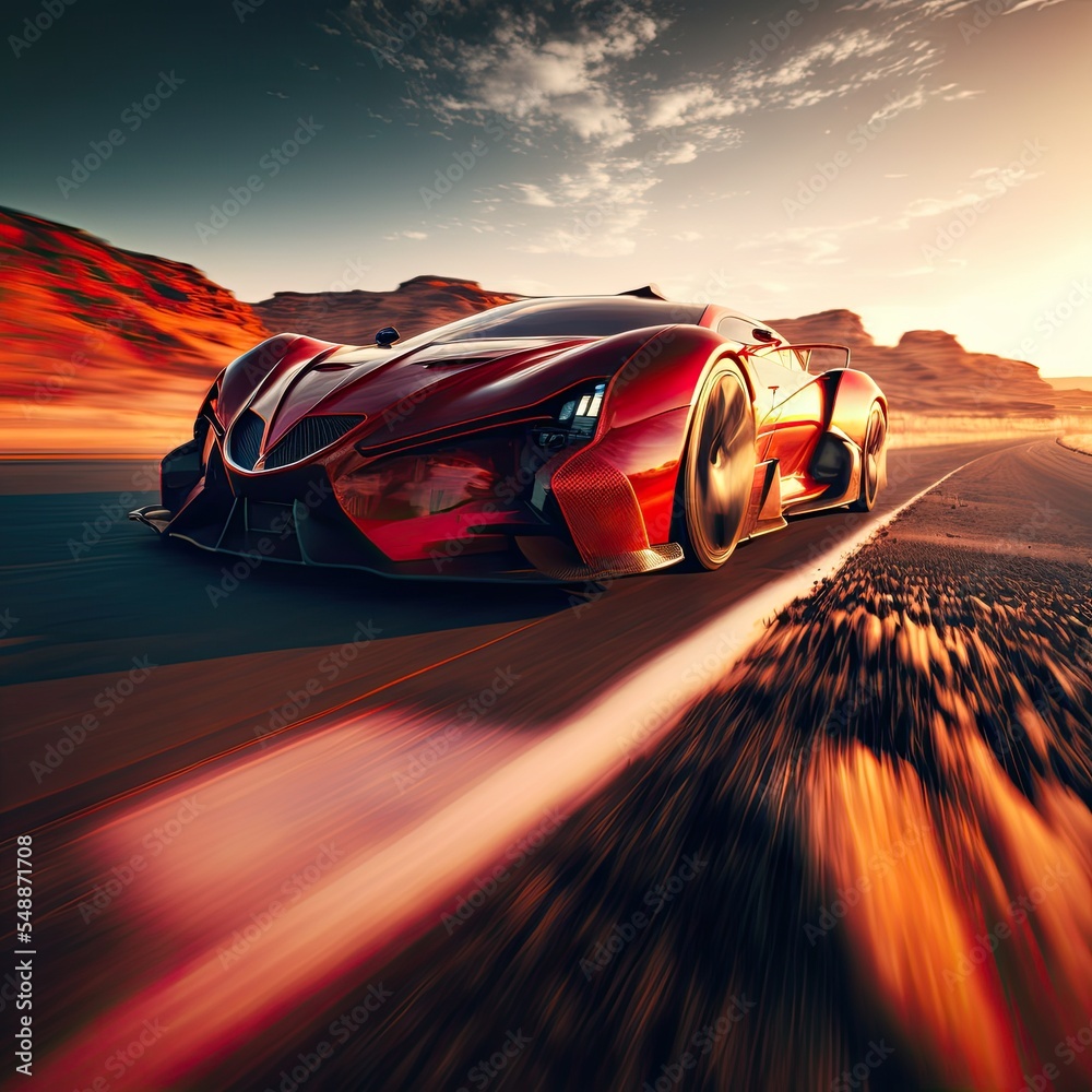 Epic red sports car concept full speed on race test course. 3d render ...