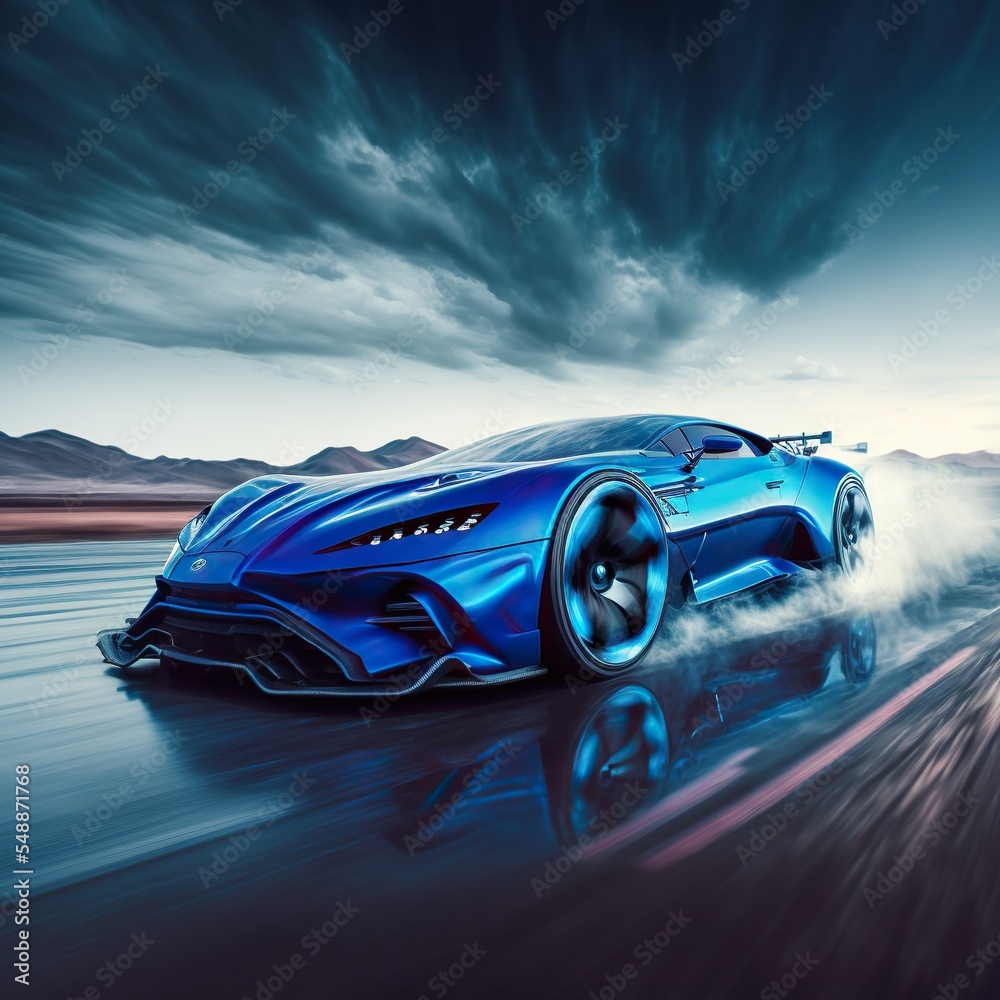 Epic blue sports car concept full speed on race test course. 3d render digitally generated idea.