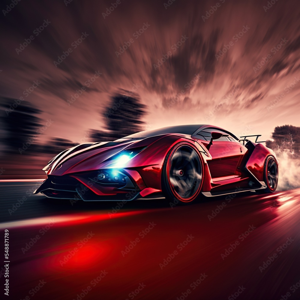 Epic red sports car concept full speed on race test course. 3d render digitally generated idea.