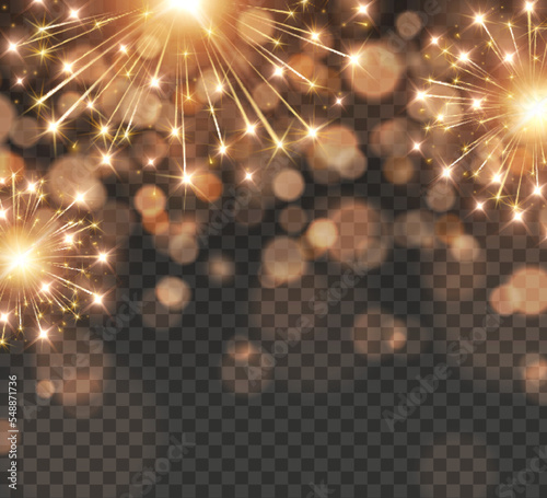 Fireworks and bokeh lights effect isolated on transparent background. Vector golden New Year rockets or Christmas bokeh sparkle banner.